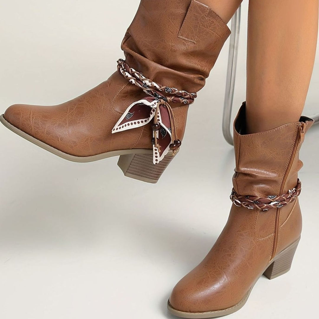Women's Faux Leather Slouch Block-Heel Boots Braided Bandana Strap