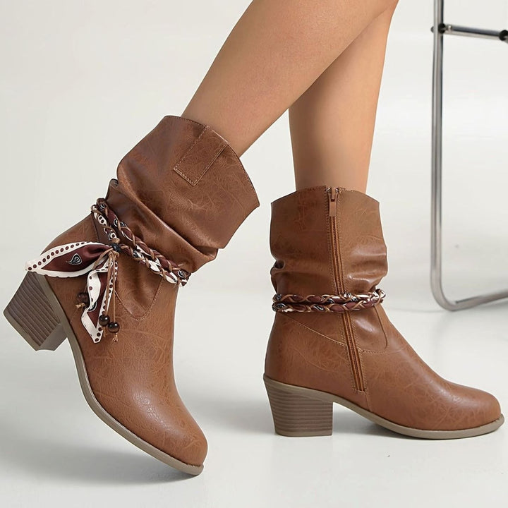 Women's Faux Leather Slouch Block-Heel Boots Braided Bandana Strap