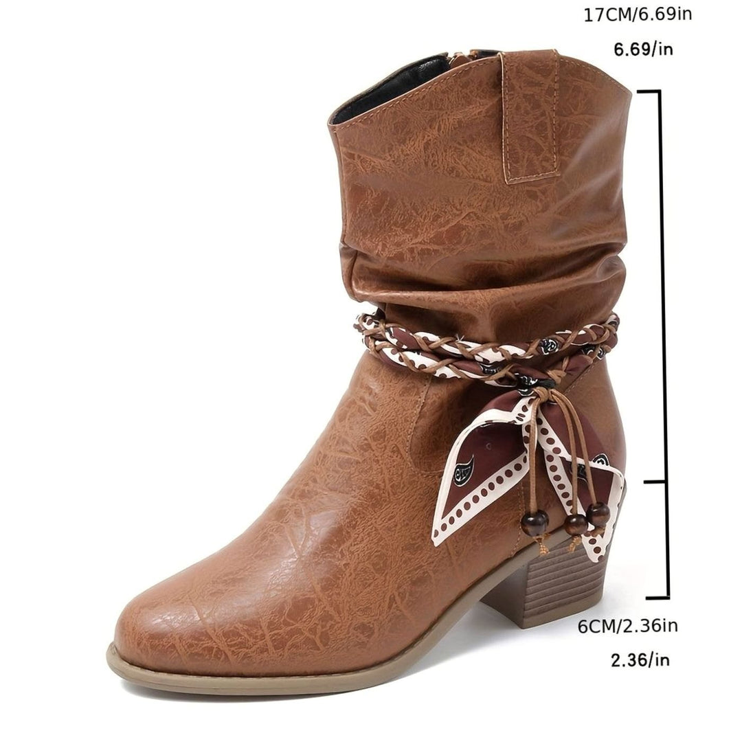 Women's Faux Leather Slouch Block-Heel Boots Braided Bandana Strap