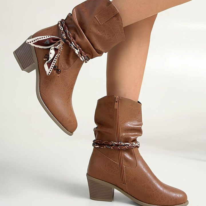 Women's Faux Leather Slouch Block-Heel Boots Braided Bandana Strap