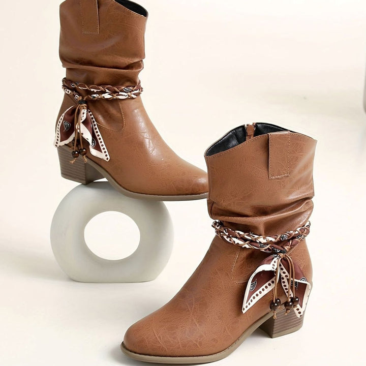 Women's Faux Leather Slouch Block-Heel Boots Braided Bandana Strap