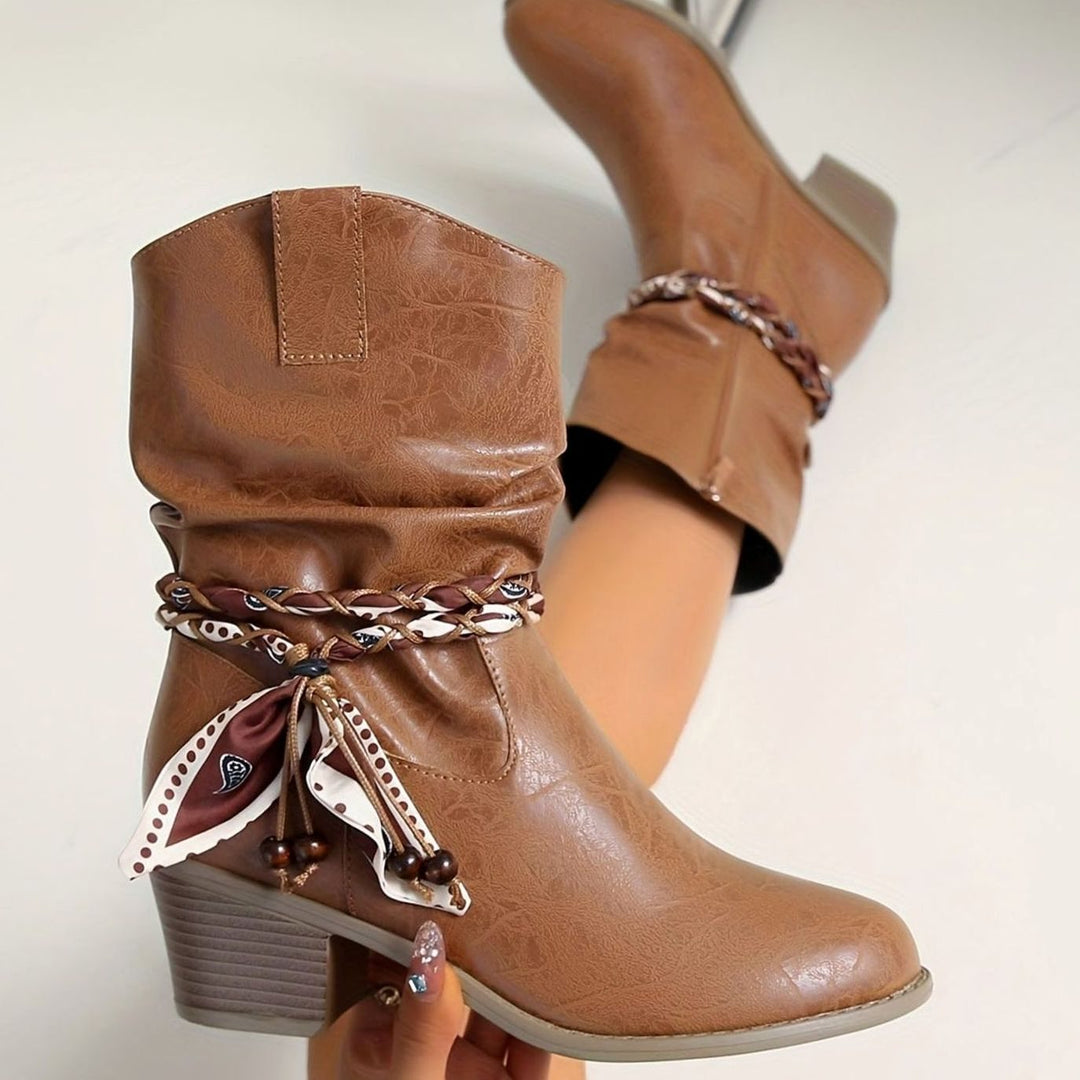 Women's Faux Leather Slouch Block-Heel Boots Braided Bandana Strap