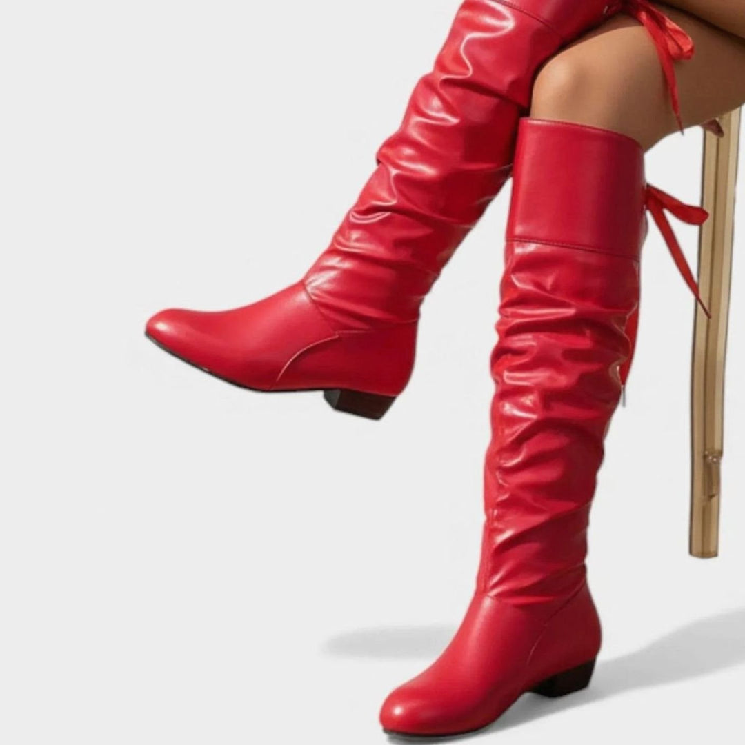Women's Faux Leather Slouch Knee-High Low-Block-Heel Boots Bow Detail
