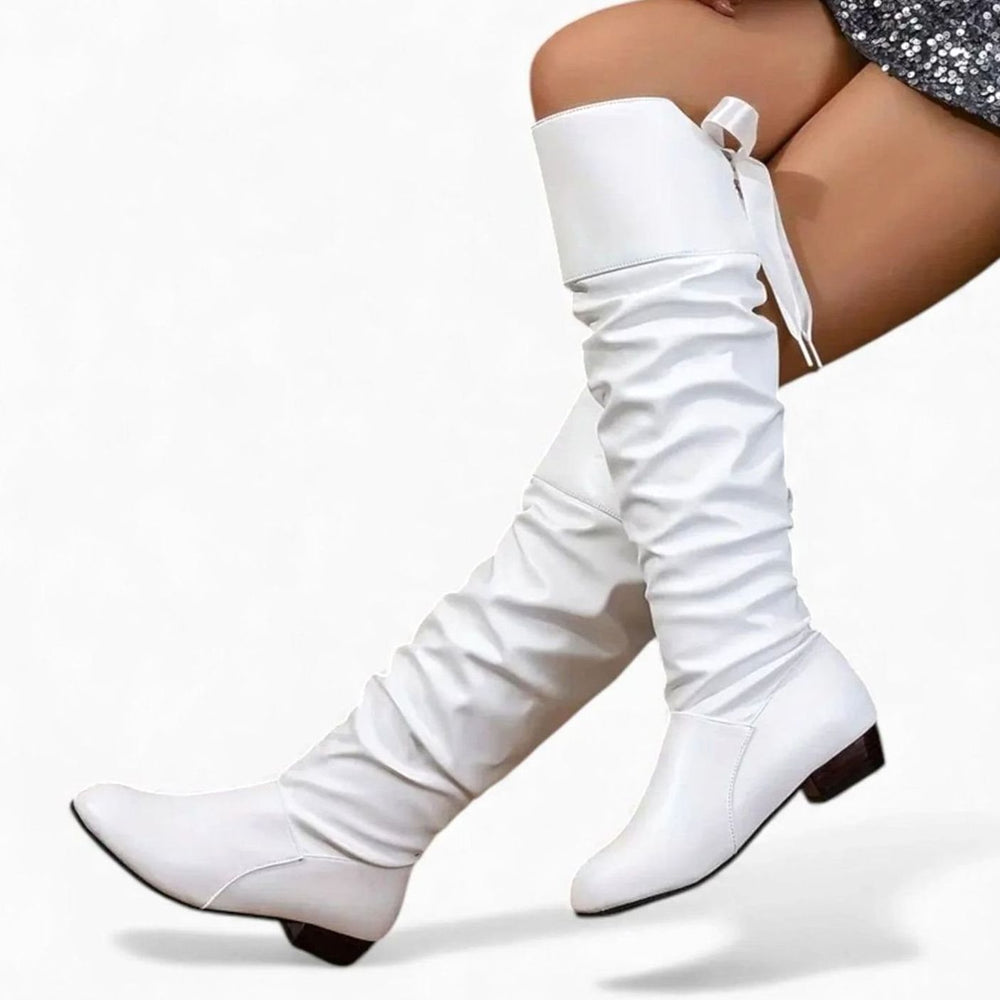 Women's Faux Leather Slouch Knee-High Low-Block-Heel Boots Bow Detail