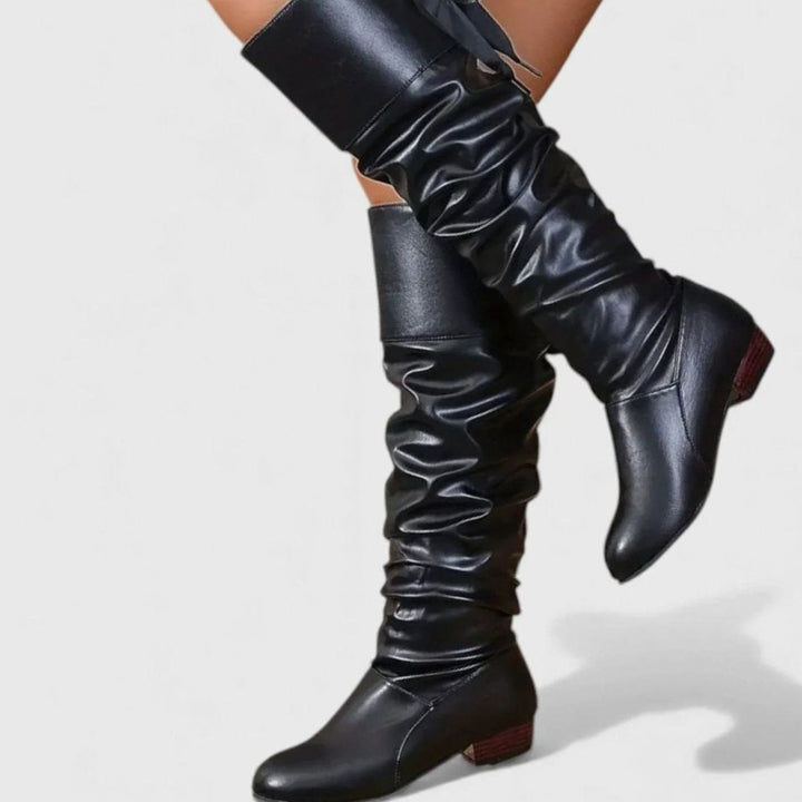 Women's Faux Leather Slouch Knee-High Low-Block-Heel Boots Bow Detail