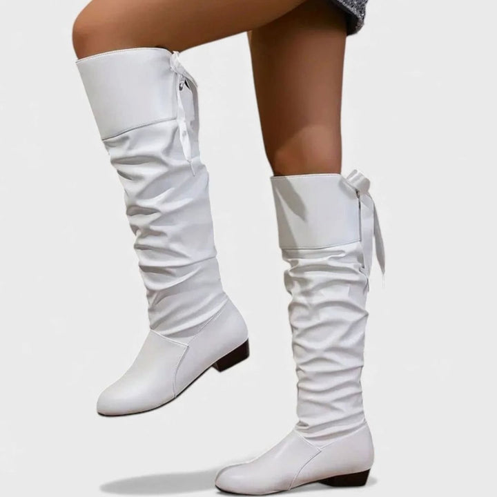Women's Faux Leather Slouch Knee-High Low-Block-Heel Boots Bow Detail