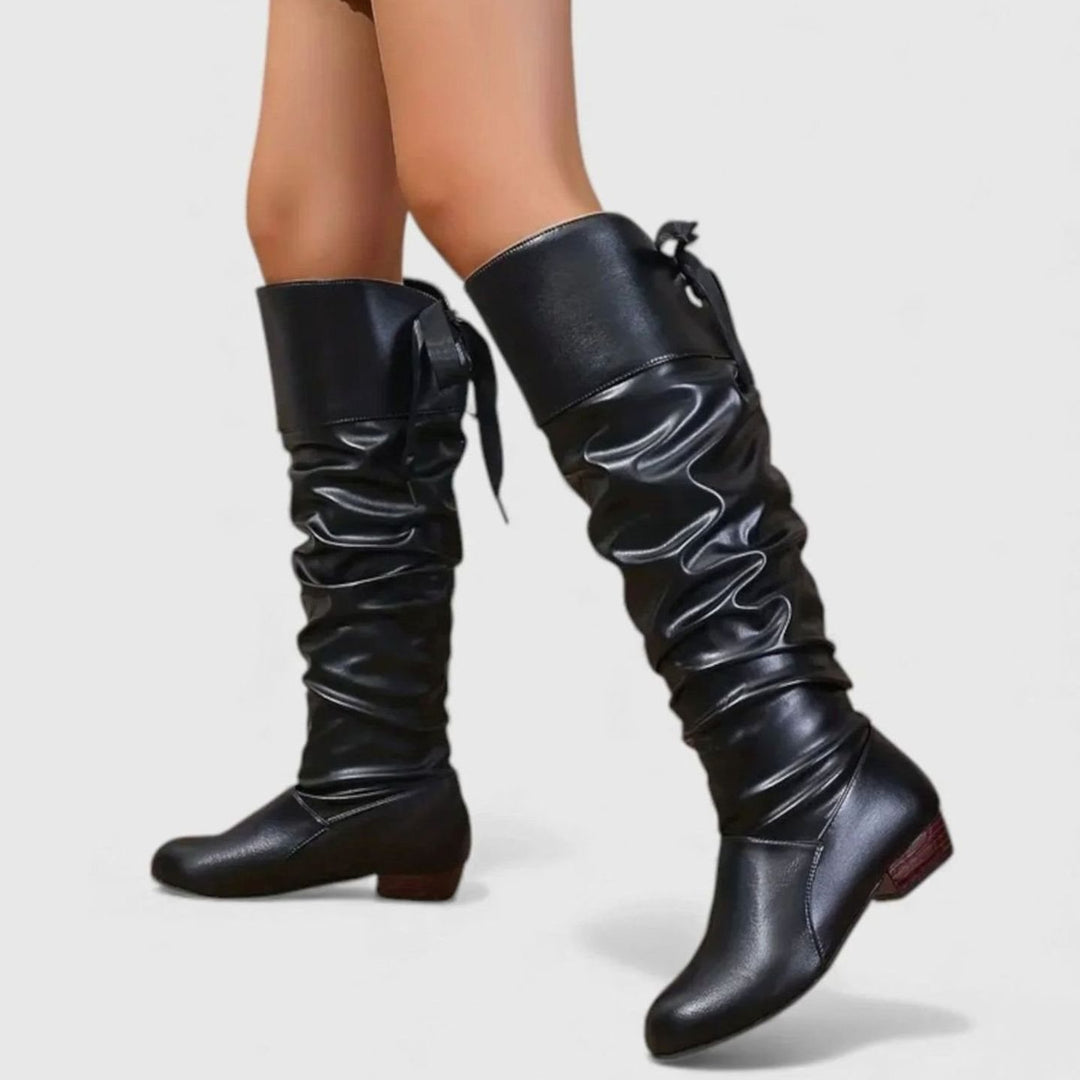 Women's Faux Leather Slouch Knee-High Low-Block-Heel Boots Bow Detail