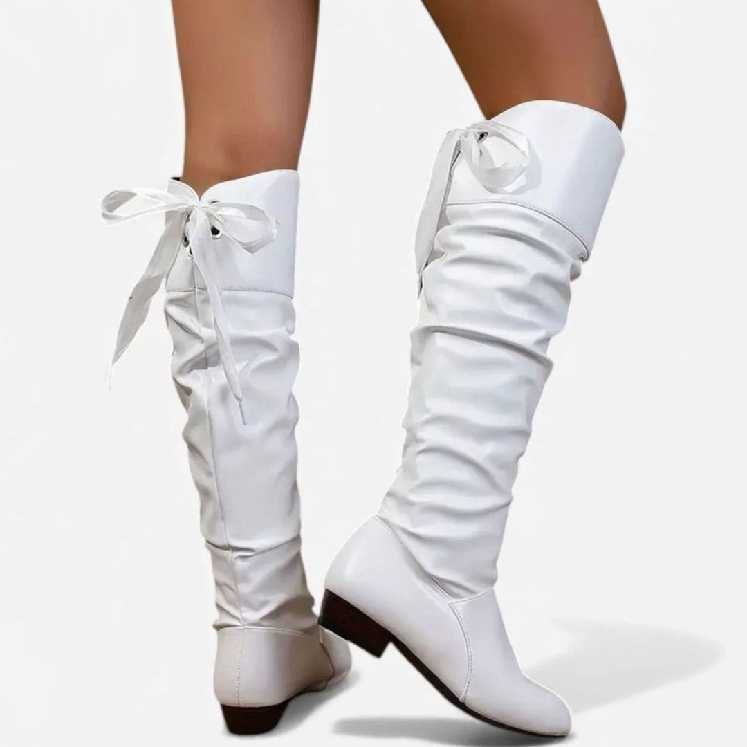 Women's Faux Leather Slouch Knee-High Low-Block-Heel Boots Bow Detail