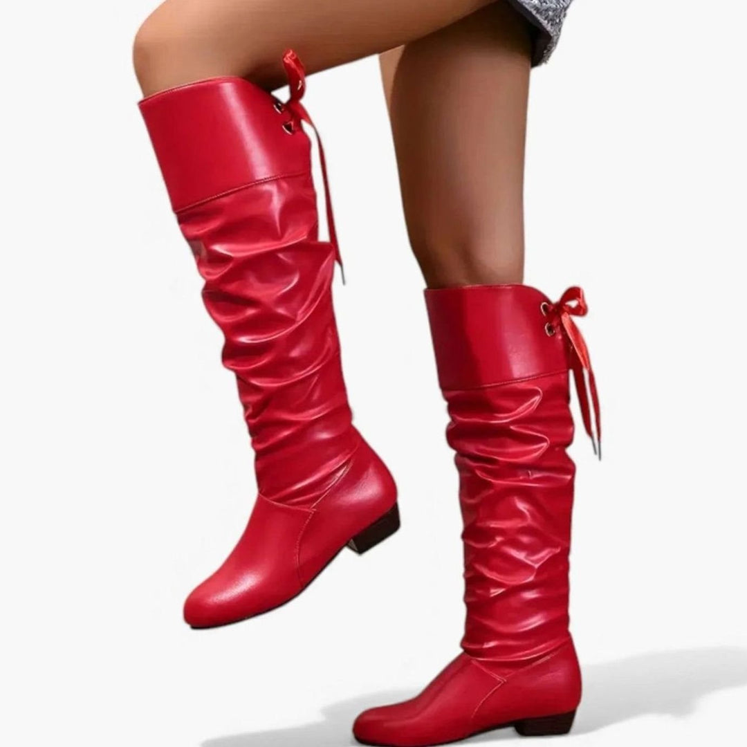 Women's Faux Leather Slouch Knee-High Low-Block-Heel Boots Bow Detail