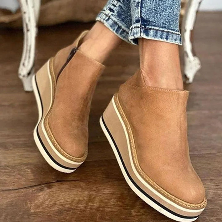 Women's Faux Leather Wedge Platform Ankle Boots Side Zip