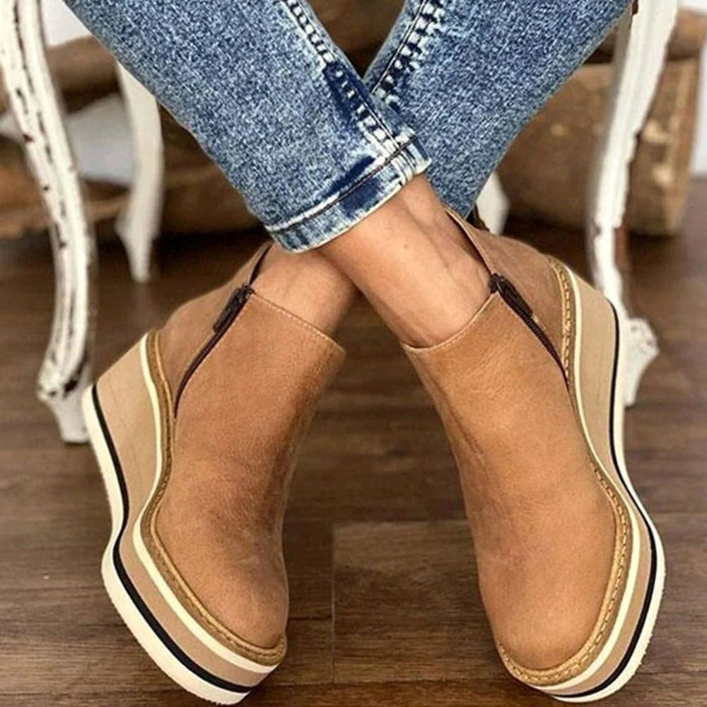 Women's Faux Leather Wedge Platform Ankle Boots Side Zip - Khaki
