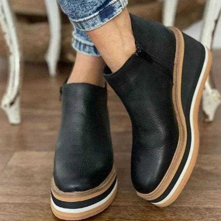 Women's Faux Leather Wedge Platform Ankle Boots Side Zip - Black