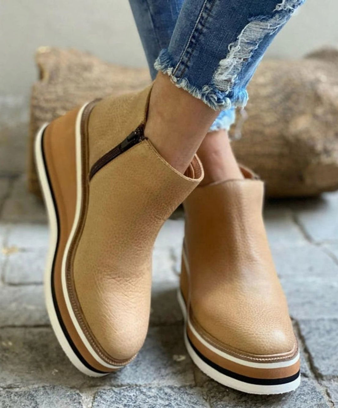 Women's Faux Leather Wedge Platform Ankle Boots Side Zip - Beige