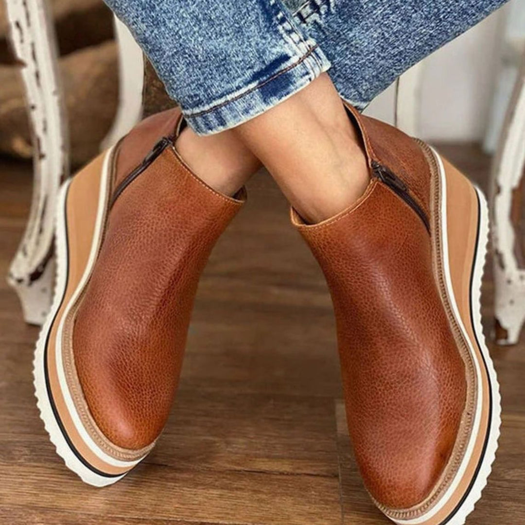 Women's Faux Leather Wedge Platform Ankle Boots Side Zip - Brown