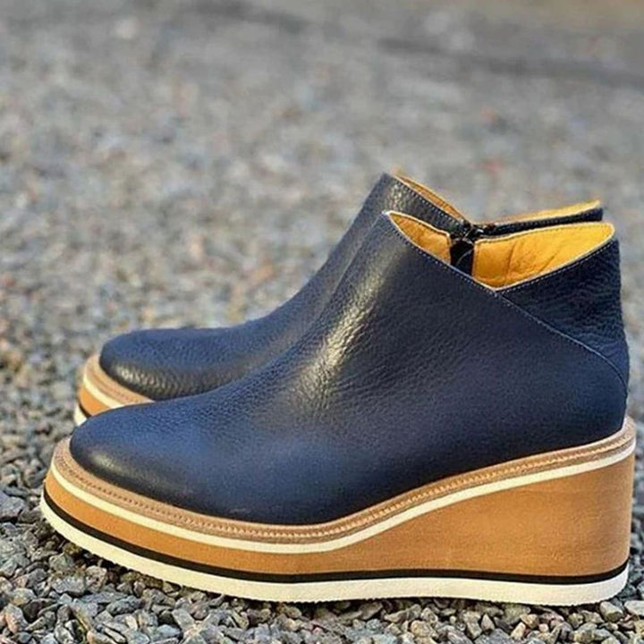 Women's Faux Leather Wedge Platform Ankle Boots Side Zip - Blue