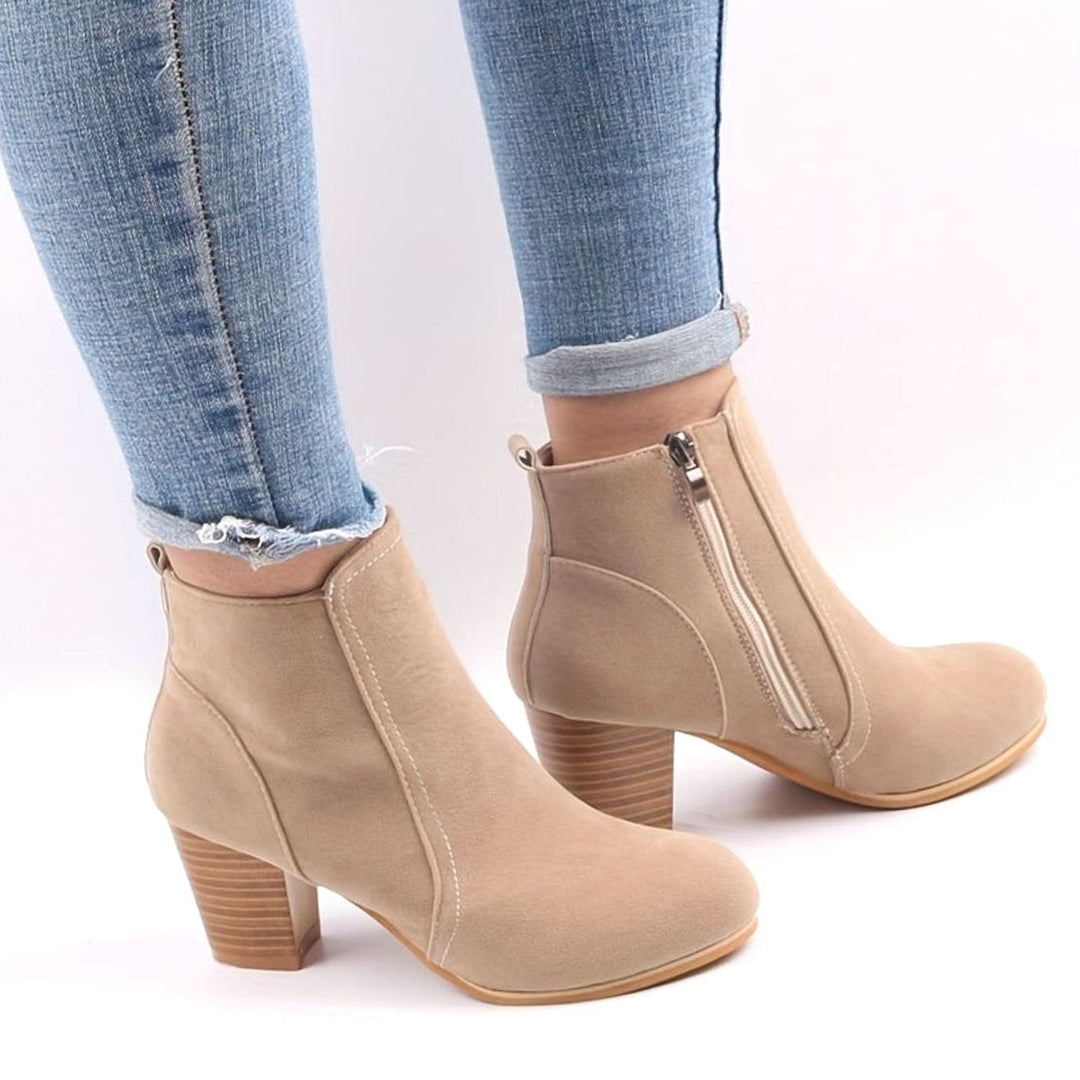 Women's Faux Suede Block Heel Side-Zip Ankle Boots - Beige