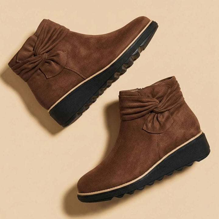 Women's Faux Suede Bow-Detail Cushioned Ankle Boots - Mocha Brown