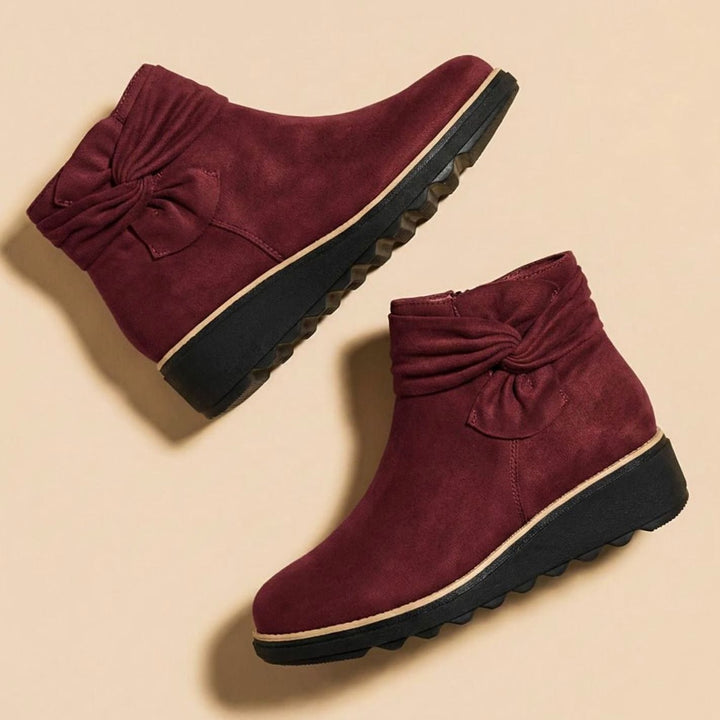 Women's Faux Suede Bow-Detail Cushioned Ankle Boots - Burgundy