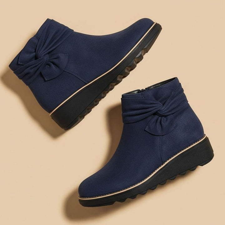 Women's Faux Suede Bow-Detail Cushioned Ankle Boots - Midnight Blue