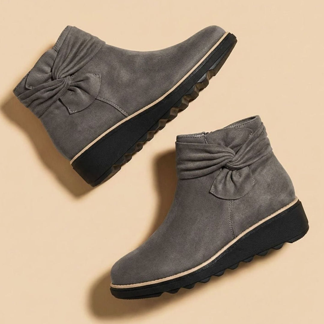 Women's Faux Suede Bow-Detail Cushioned Ankle Boots - Slate Grey