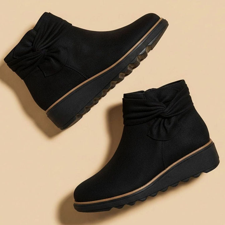 Women's Faux Suede Bow-Detail Cushioned Ankle Boots - Obsidian Black
