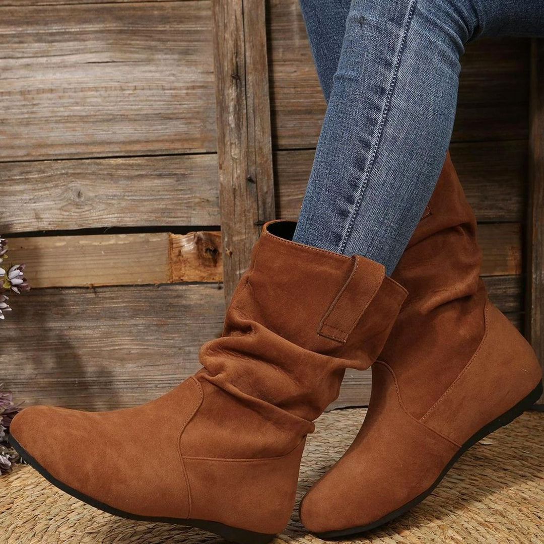 Women's Faux Suede Flat Slouch Mid-Calf Boots - Brown