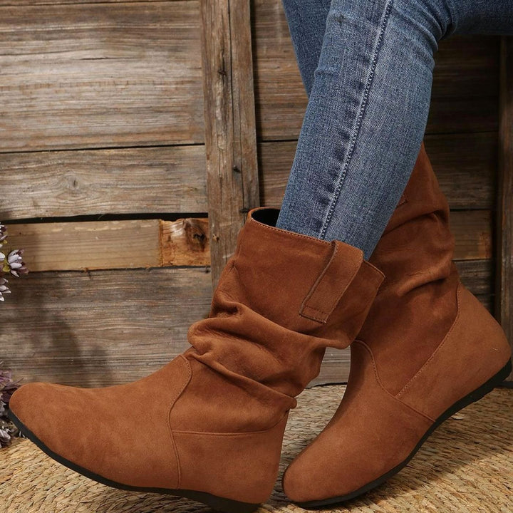 Women's Faux Suede Flat Slouch Mid-Calf Boots - Brown