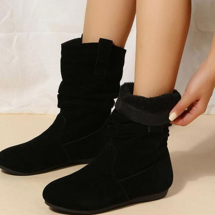 Women's Faux Suede Flat Slouch Mid-Calf Boots - Black
