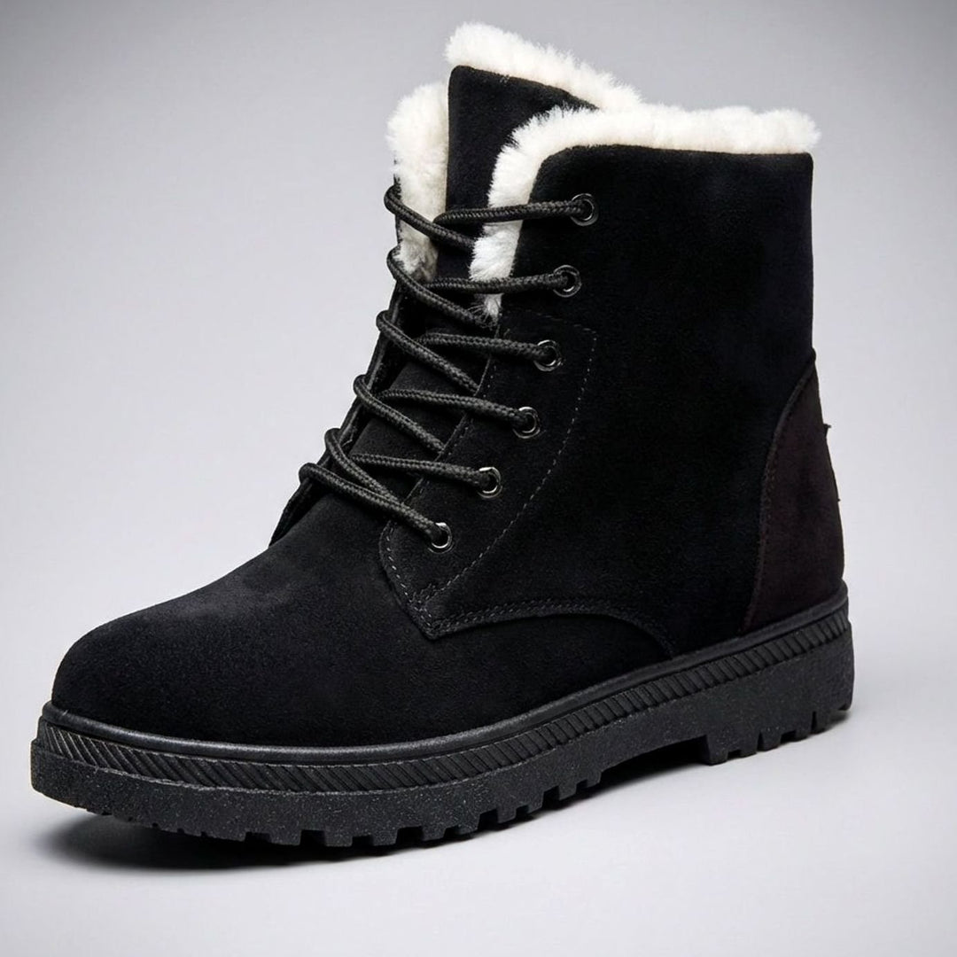 Women's Faux-Suede Fleece-Lined Lace-Up Winter Ankle Boots - Black