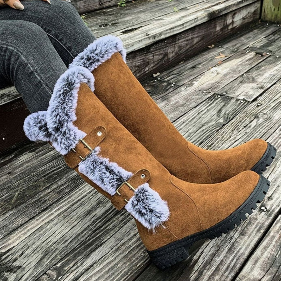 Women's Faux Suede Fur-Trim Buckle Knee-High Winter Boots