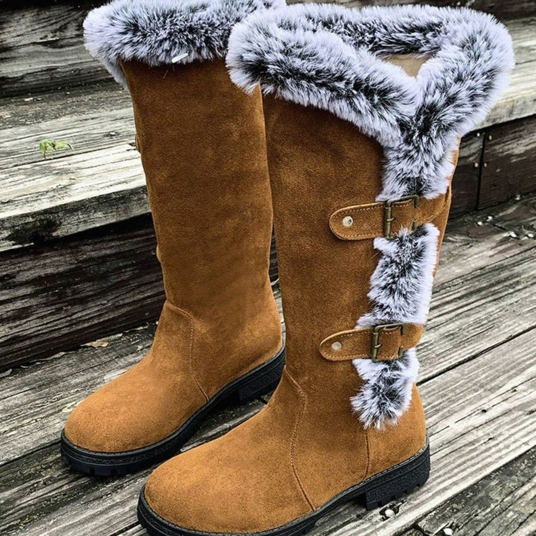 Women's Faux Suede Fur-Trim Buckle Knee-High Winter Boots