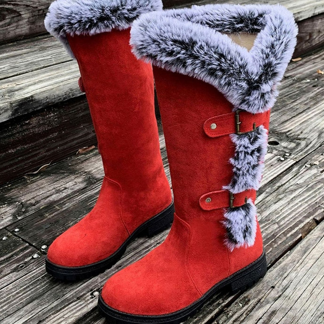 Women's Faux Suede Fur-Trim Buckle Knee-High Winter Boots - Red