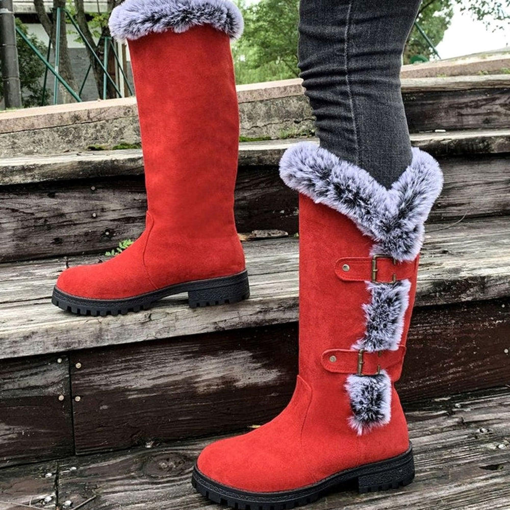 Women's Faux Suede Fur-Trim Buckle Knee-High Winter Boots