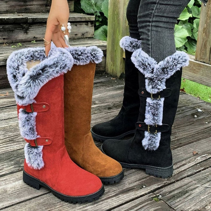 Women's Faux Suede Fur-Trim Buckle Knee-High Winter Boots