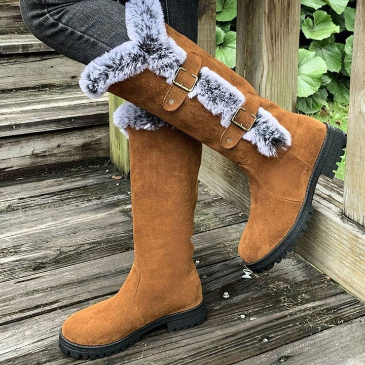 Women's Faux Suede Fur-Trim Buckle Knee-High Winter Boots - Light Brown