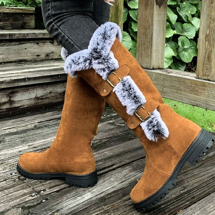 Women's Faux Suede Fur-Trim Buckle Knee-High Winter Boots