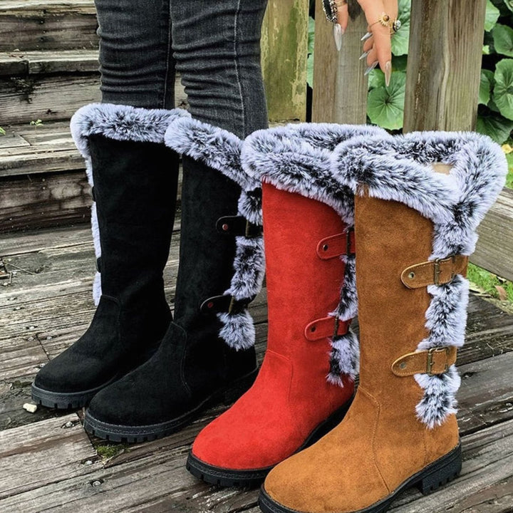 Women's Faux Suede Fur-Trim Buckle Knee-High Winter Boots