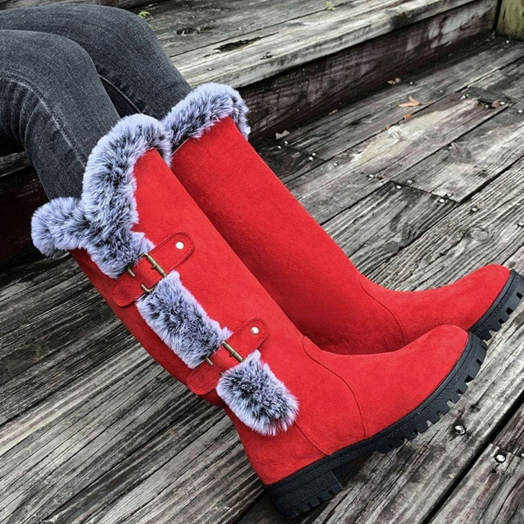 Women's Faux Suede Fur-Trim Buckle Knee-High Winter Boots