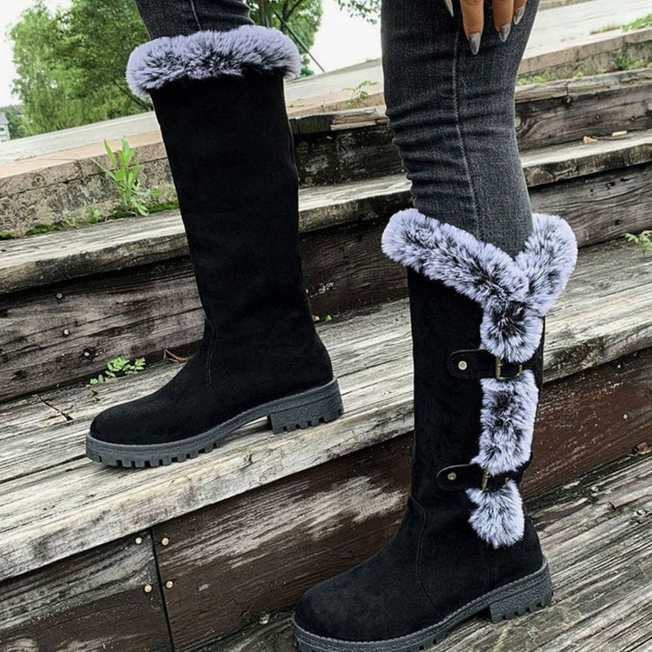 Women's Faux Suede Fur-Trim Buckle Knee-High Winter Boots