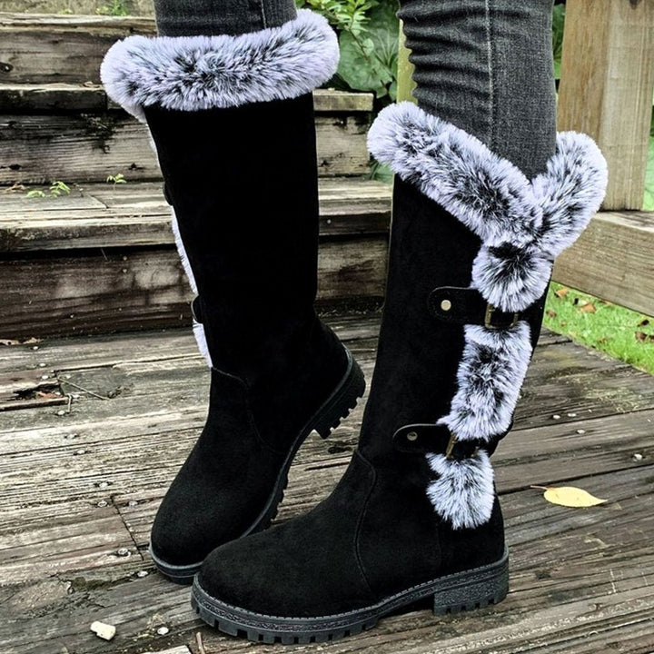 Women's Faux Suede Fur-Trim Buckle Knee-High Winter Boots - Black