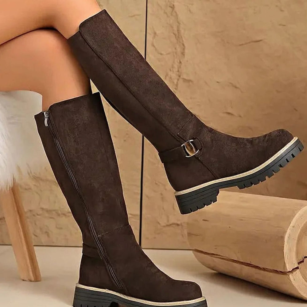 Women's Faux-Suede Knee-High Boots Buckle Detail Chunky Sole