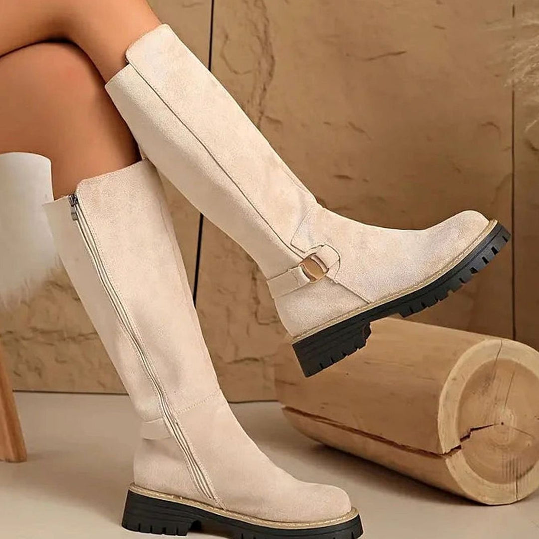 Women's Faux-Suede Knee-High Boots Buckle Detail Chunky Sole