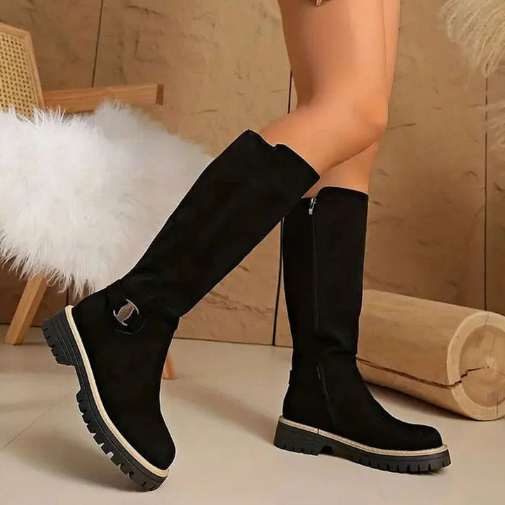 Women's Faux-Suede Knee-High Boots Buckle Detail Chunky Sole