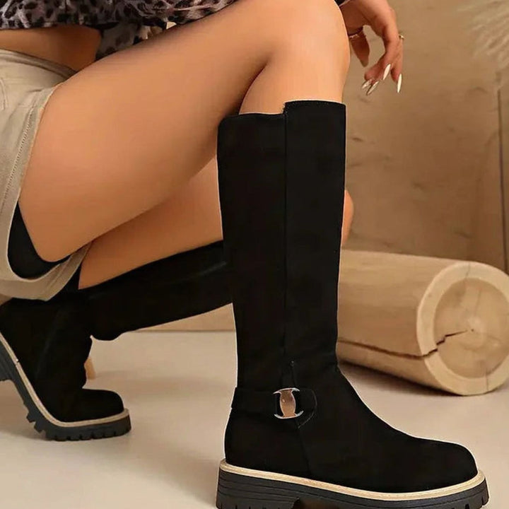 Women's Faux-Suede Knee-High Boots Buckle Detail Chunky Sole
