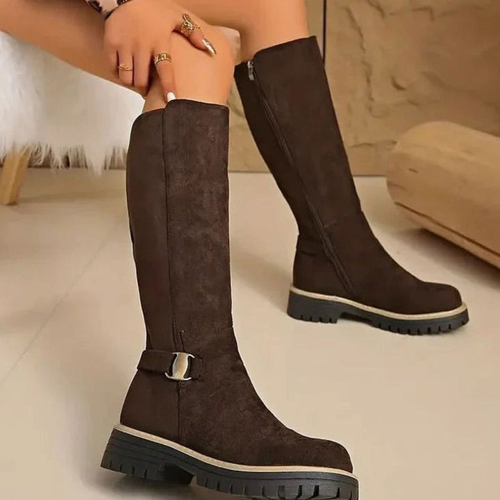 Women's Faux-Suede Knee-High Boots Buckle Detail Chunky Sole - Brown
