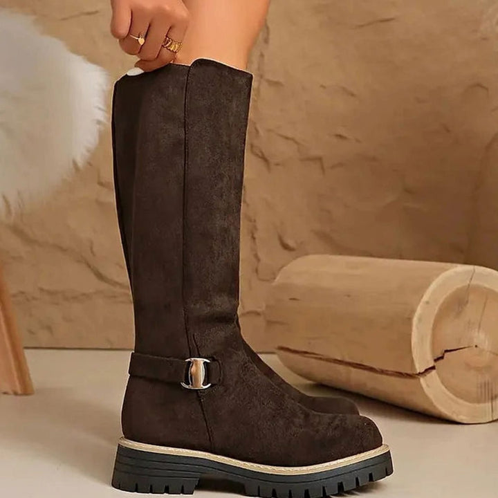 Women's Faux-Suede Knee-High Boots Buckle Detail Chunky Sole