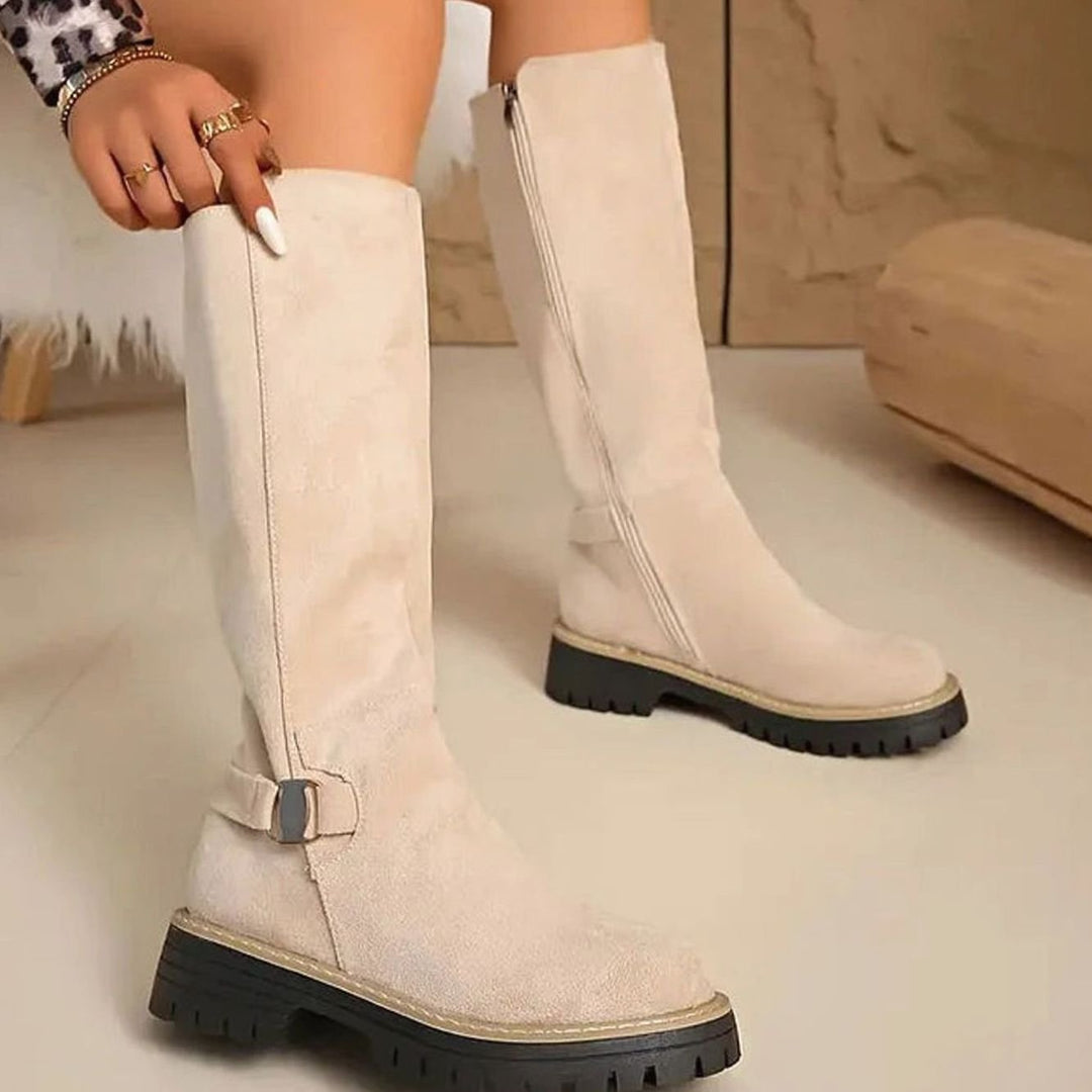 Women's Faux-Suede Knee-High Boots Buckle Detail Chunky Sole - Beige