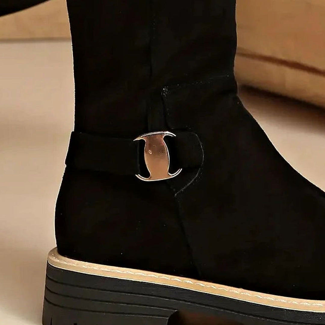 Women's Faux-Suede Knee-High Boots Buckle Detail Chunky Sole