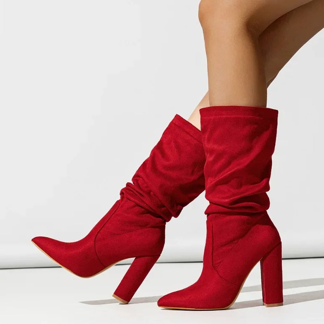 Women's Faux-Suede Slouchy Block-Heel Knee-High Boots - Red