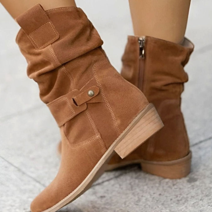 Women's Faux Suede Slouchy Block-Heel Mid-Calf Boots - Brown